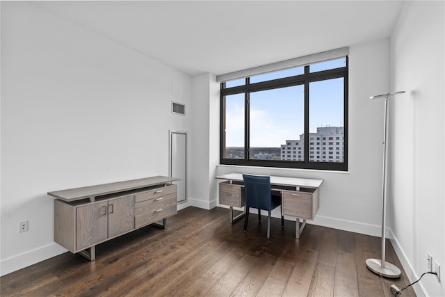 office space featuring baseboards, visible vents, and dark wood finished floors