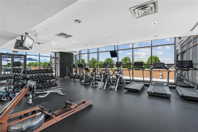 exercise room with a wealth of natural light, expansive windows, and visible vents