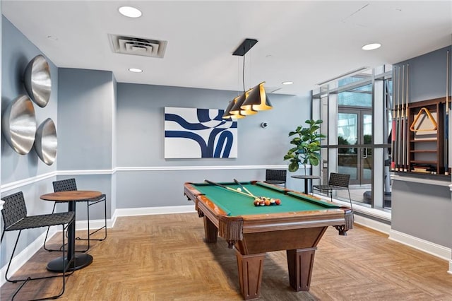 rec room featuring pool table, baseboards, visible vents, and recessed lighting