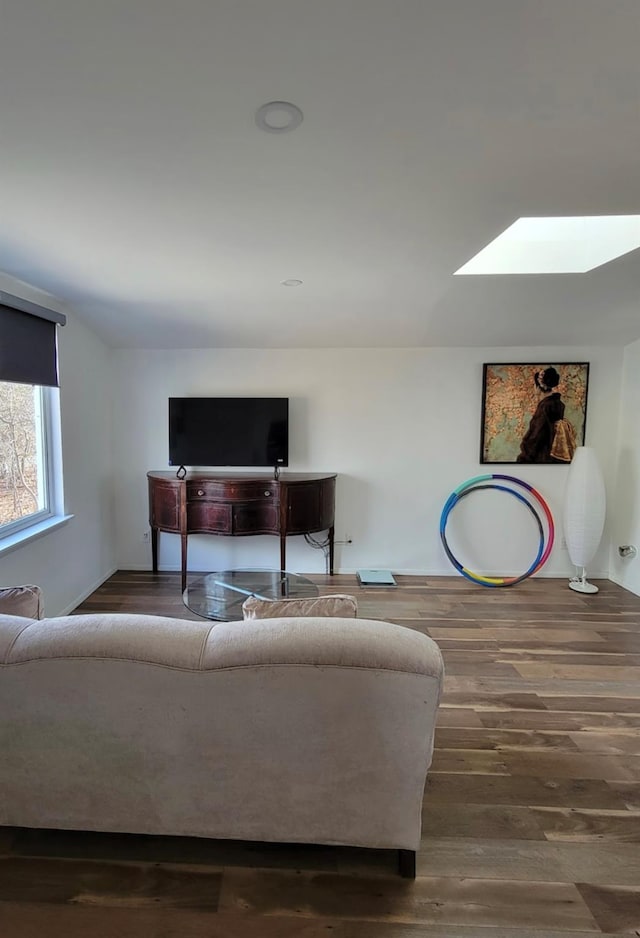 living area with a skylight and wood finished floors