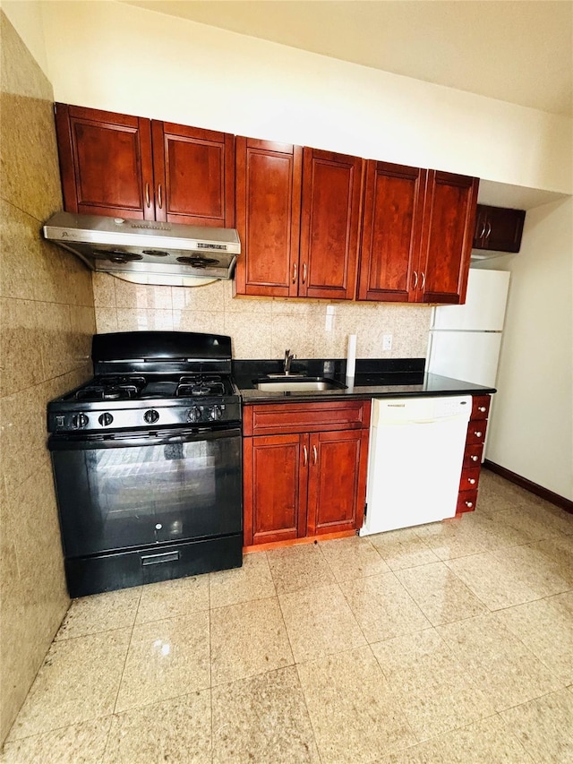 kitchen featuring black gas range, white dishwasher, dark brown cabinets, under cabinet range hood, and a sink