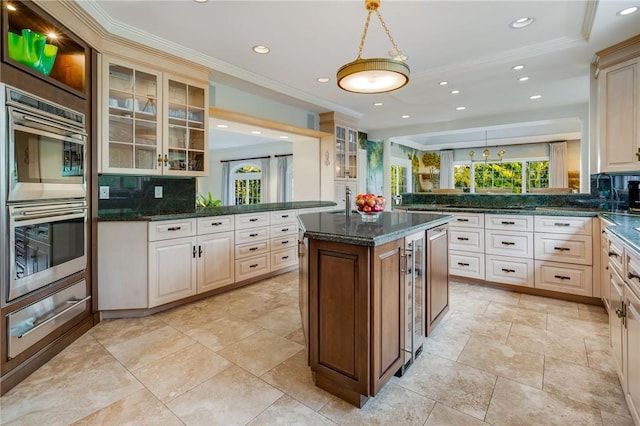 kitchen with a warming drawer, double oven, glass insert cabinets, and decorative backsplash