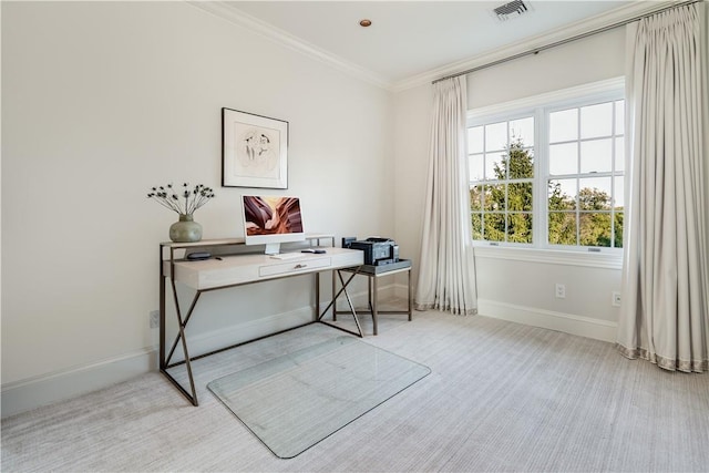 office featuring ornamental molding, visible vents, and baseboards