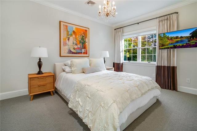 carpeted bedroom featuring a chandelier, visible vents, crown molding, and baseboards