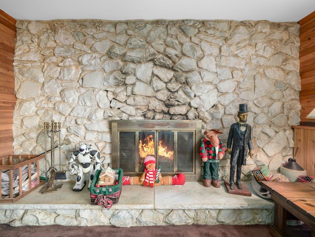 details featuring wooden walls and a stone fireplace