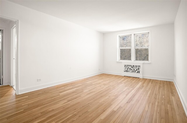 spare room with radiator, light wood-type flooring, and baseboards