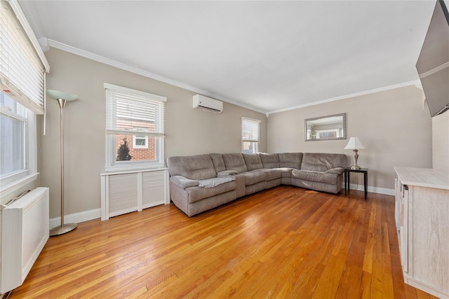 unfurnished living room featuring baseboards, radiator, light wood-style flooring, a wall mounted air conditioner, and crown molding