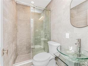 bathroom featuring toilet, a stall shower, vanity, and tile walls