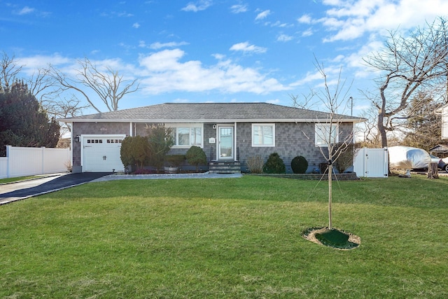 single story home featuring a front lawn, fence, aphalt driveway, a garage, and a gate