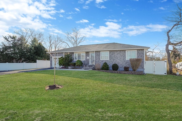 single story home featuring a front yard, a gate, fence, driveway, and a garage