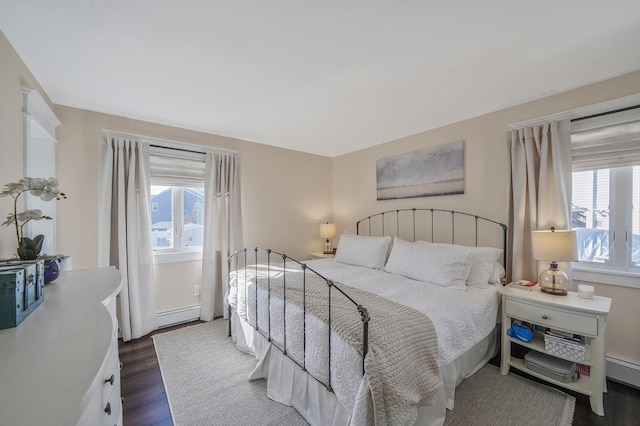 bedroom featuring dark wood-style floors and a baseboard radiator