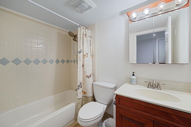 full bath with vanity, toilet, shower / bath combo, and visible vents