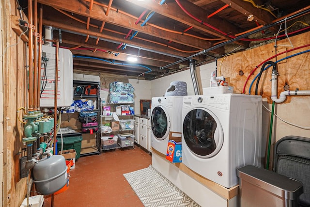 laundry room with washer and dryer, laundry area, and water heater