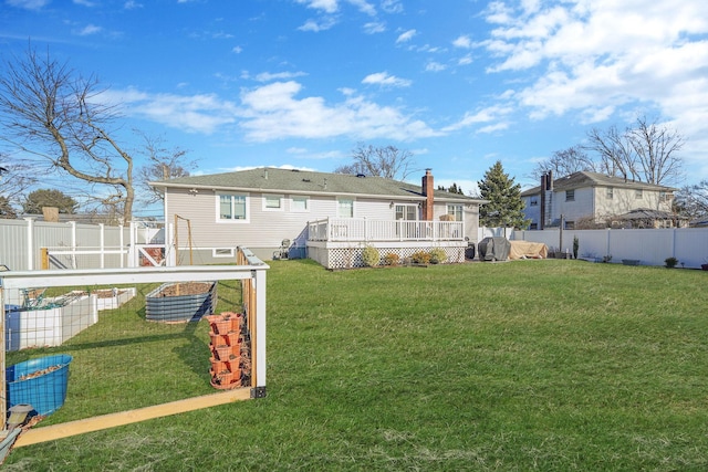 view of yard with a fenced backyard and a wooden deck