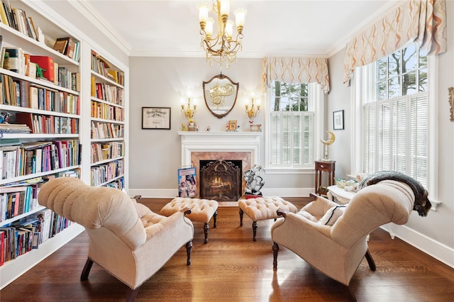 57 Old Orchard Ln, Scarsdale, NY 10583 - living area featuring baseboards, an inviting chandelier, crown molding, and wood finished floors