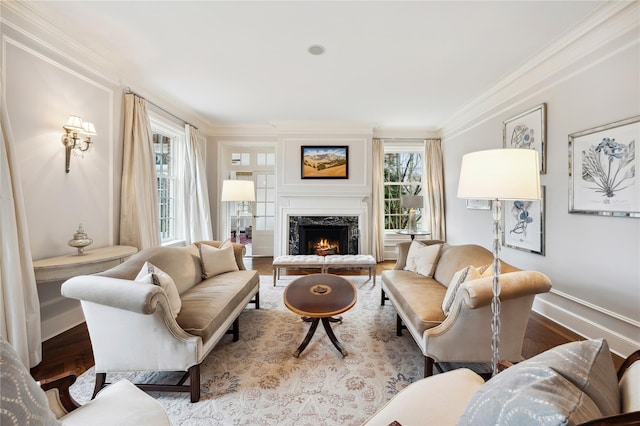 57 Old Orchard Ln, Scarsdale, NY 10583 - living room with crown molding, baseboards, wood finished floors, and a premium fireplace