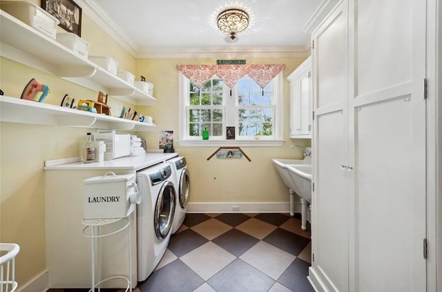 57 Old Orchard Ln, Scarsdale, NY 10583 - laundry room featuring baseboards, dark floors, crown molding, cabinet space, and washing machine and dryer