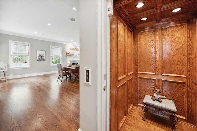 57 Old Orchard Ln, Scarsdale, NY 10583 - interior details featuring recessed lighting, elevator, crown molding, and wood finished floors