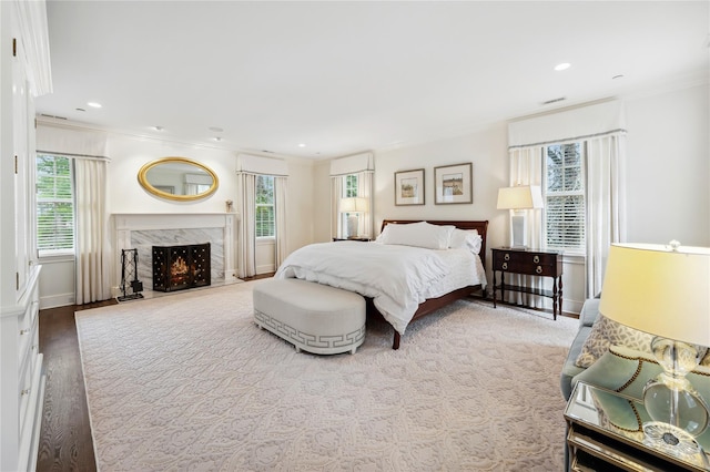 57 Old Orchard Ln, Scarsdale, NY 10583 - bedroom with crown molding, baseboards, wood finished floors, and a high end fireplace