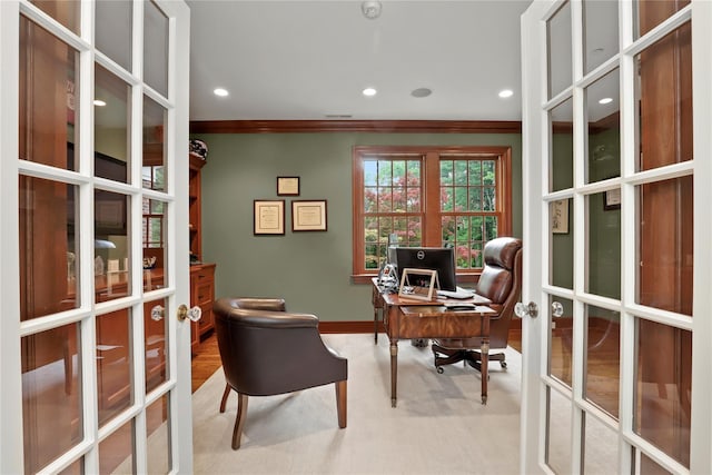 57 Old Orchard Ln, Scarsdale, NY 10583 - office area featuring ornamental molding, french doors, baseboards, and recessed lighting