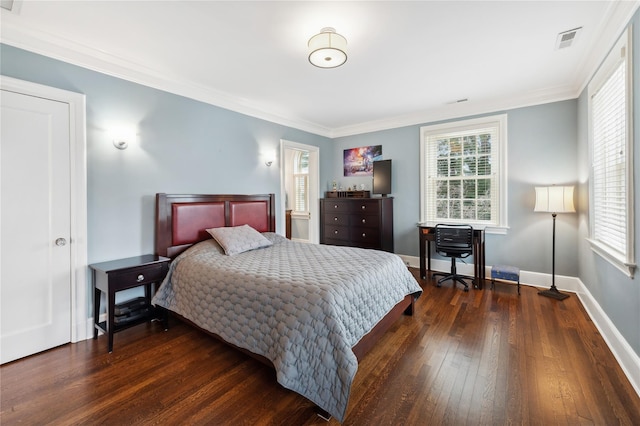 57 Old Orchard Ln, Scarsdale, NY 10583 - bedroom with multiple windows, visible vents, dark wood-style flooring, and crown molding