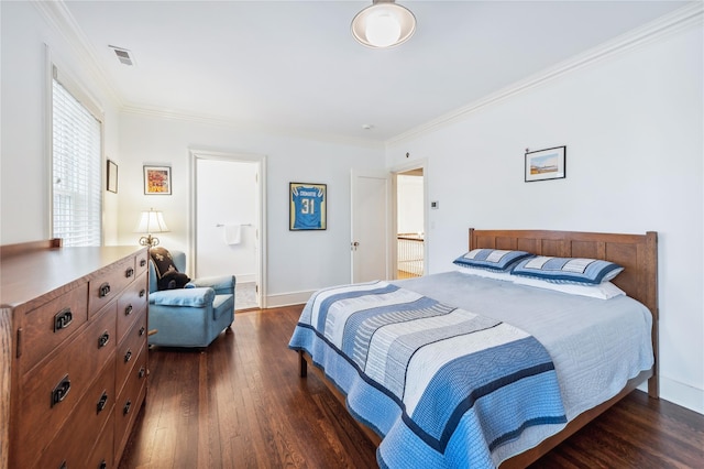 57 Old Orchard Ln, Scarsdale, NY 10583 - bedroom with crown molding, dark wood-style flooring, baseboards, and visible vents