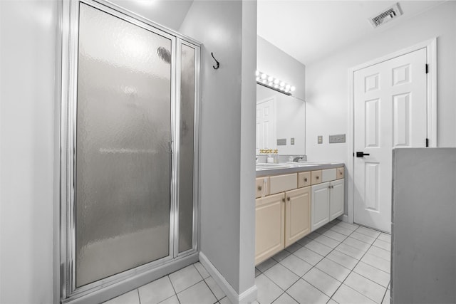 full bathroom with double vanity, visible vents, a sink, a shower stall, and tile patterned flooring