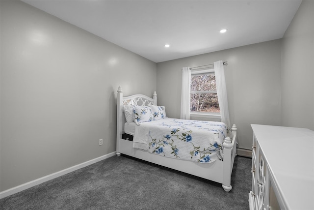 bedroom with dark colored carpet, recessed lighting, a baseboard radiator, and baseboards