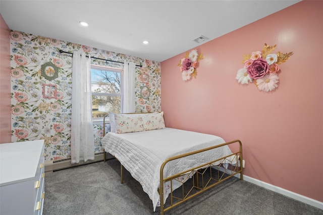 bedroom with carpet floors, recessed lighting, visible vents, baseboard heating, and baseboards