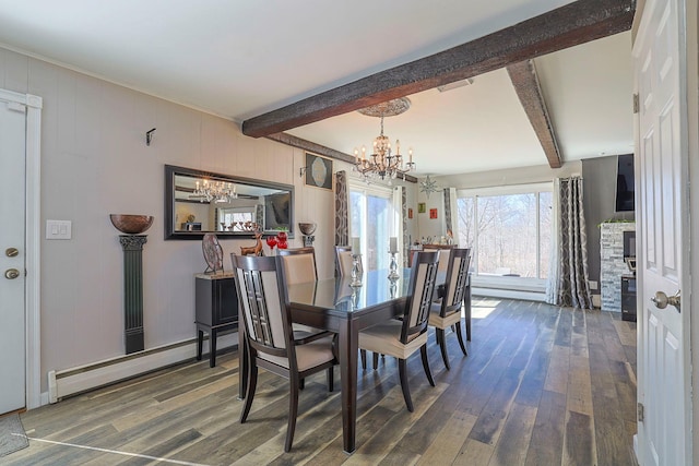 dining area featuring visible vents, beam ceiling, baseboard heating, wood finished floors, and a notable chandelier