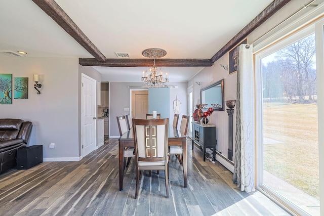 dining space featuring visible vents, beam ceiling, dark wood finished floors, an inviting chandelier, and baseboards