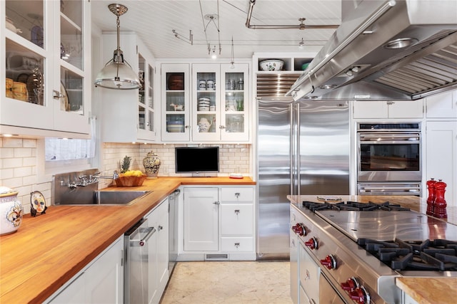 kitchen featuring butcher block countertops, island range hood, appliances with stainless steel finishes, and a sink