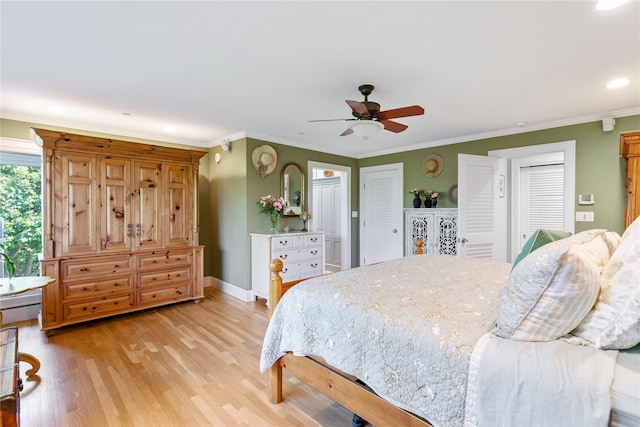 bedroom with crown molding, recessed lighting, light wood-style flooring, ceiling fan, and baseboards