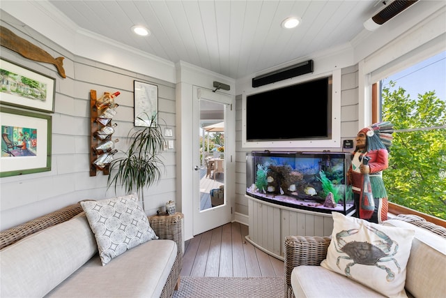 living area with visible vents, wooden ceiling, wood-type flooring, crown molding, and recessed lighting