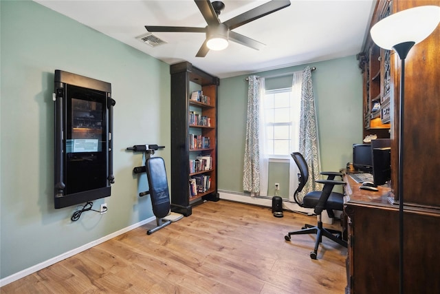 office featuring baseboards, wood finished floors, visible vents, and ceiling fan