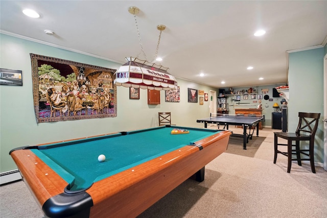 game room with pool table, crown molding, carpet, baseboard heating, and recessed lighting