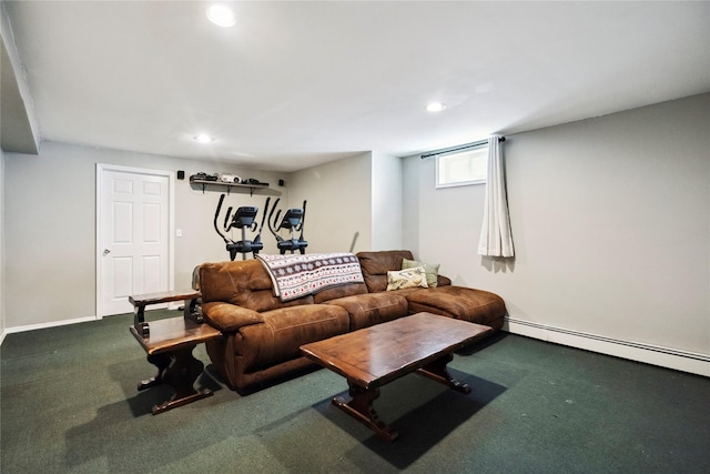 living room with recessed lighting, a baseboard radiator, and carpet flooring