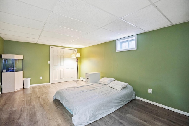 bedroom with a baseboard radiator, wood finished floors, baseboards, and a paneled ceiling