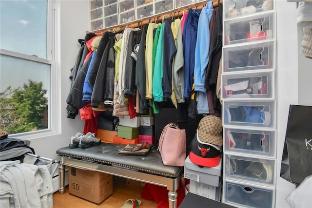 walk in closet with wood finished floors