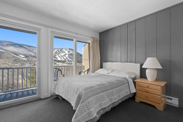 bedroom with a textured ceiling, a mountain view, a baseboard heating unit, carpet floors, and access to exterior