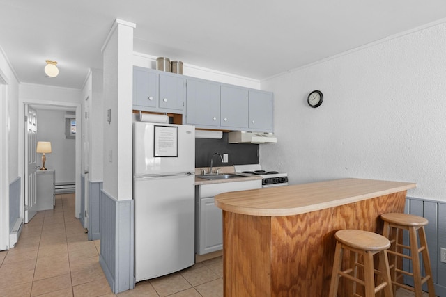 kitchen with under cabinet range hood, a sink, light countertops, freestanding refrigerator, and crown molding