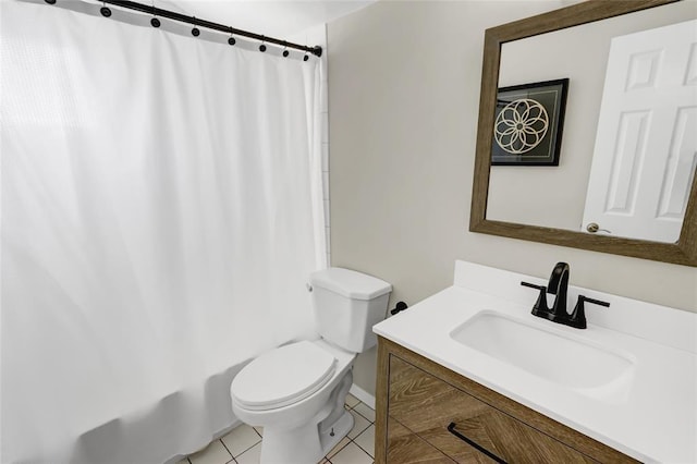 bathroom with shower / bath combo, vanity, toilet, and tile patterned floors