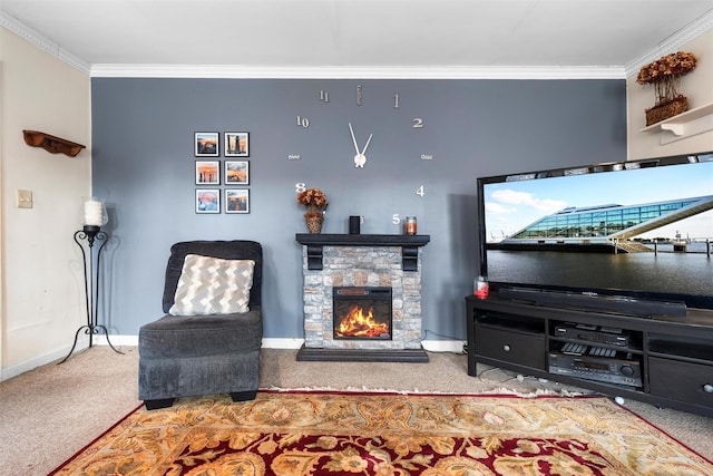 living room featuring carpet flooring, a stone fireplace, crown molding, and baseboards