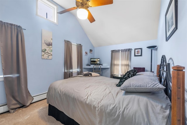 bedroom featuring ceiling fan, high vaulted ceiling, carpet, and a baseboard radiator