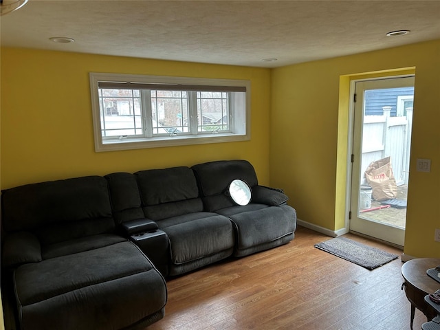 living room with baseboards and wood finished floors