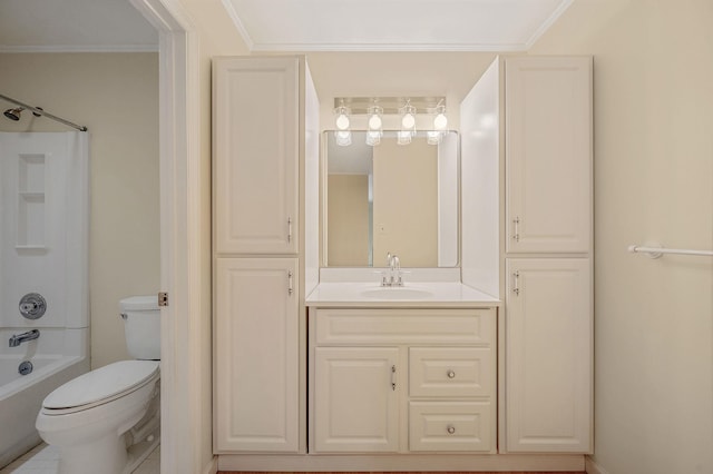 full bath featuring toilet, tub / shower combination, vanity, and crown molding