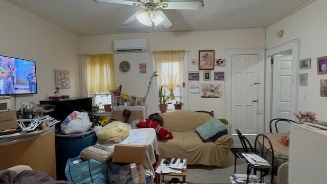 interior space featuring ceiling fan and an AC wall unit