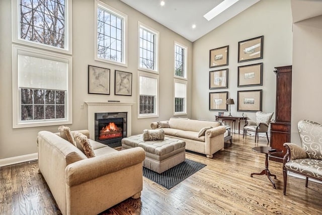 interior space featuring high vaulted ceiling, a glass covered fireplace, a skylight, and wood finished floors