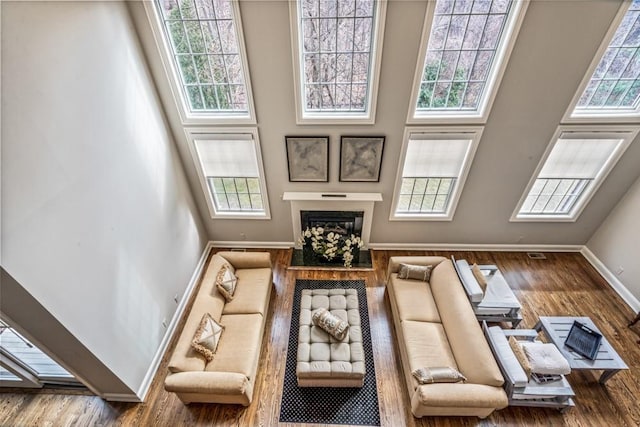 living area featuring a high ceiling, wood finished floors, a wealth of natural light, and baseboards