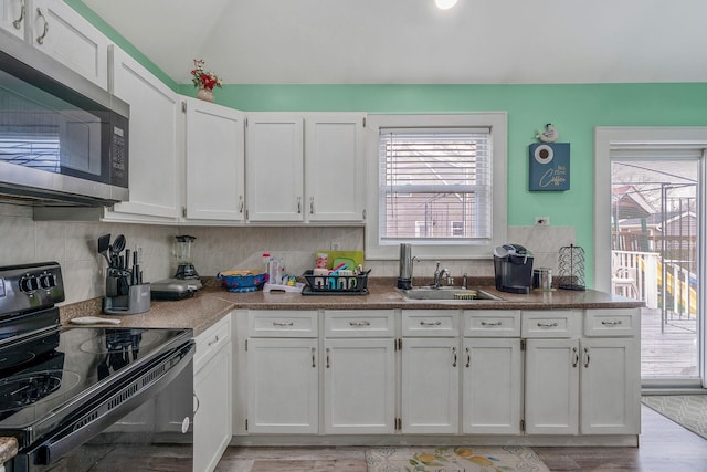 kitchen featuring a healthy amount of sunlight, stainless steel microwave, a sink, and black electric range oven